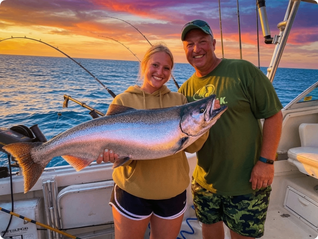 Anglers holding a large salmon caught on Lake Michigan at sunset